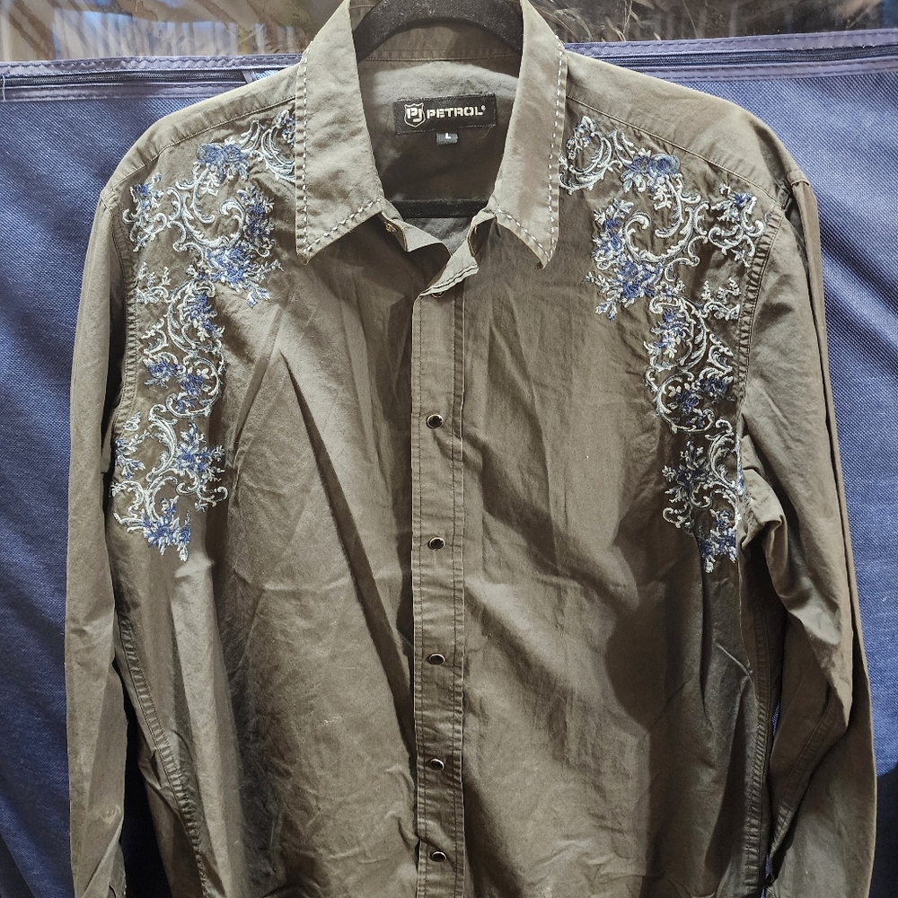 Petrol Embroidered Pearl Snap Long Sleeve Shirt